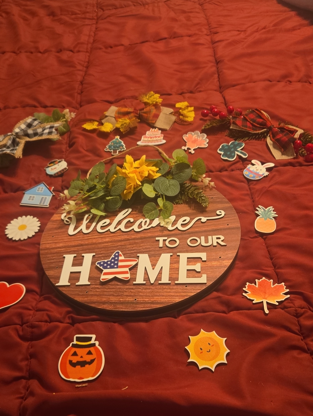 Welcome to Our Home Wooden Wall Sign with Yellow Floral Accent